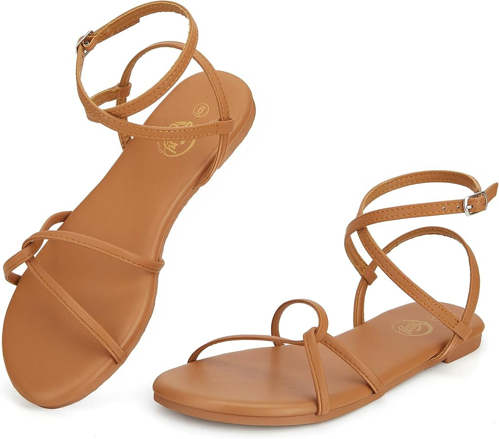 Trary Women's Flat Sandals, Strappy Cross Lace Up Ankle Strap Summer Dressy Beach Shoes, Lightwei... | Amazon (US)