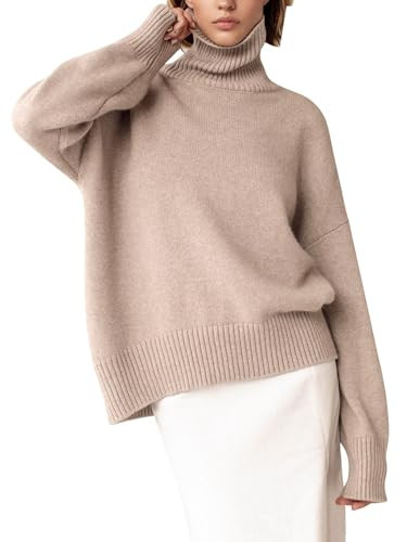 YKR Women's Turtleneck Sweater Chunky Long Sleeve Knitted Pullover High Low Hem Sweater 2024 Fall Winter Sweater Jumper Top Khaki M | Amazon (US)