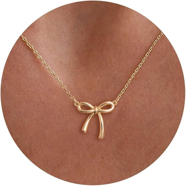HANLI Gold Necklace for Women - Bow Necklace 14K Gold Plated Dainty Cubic Zirconia Bow Necklace S... | Amazon (US)