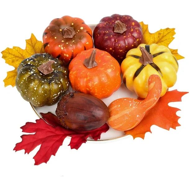 Coolmade 12pcs Artificial Fake Pumpkins with Lifelike Maple Leaves, Realistic Acorn with Cap, Pum... | Walmart (US)
