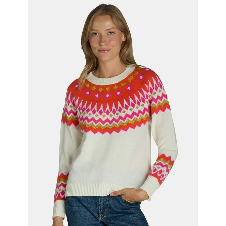 99 Jane Street Women's Fair Isle Crewneck Sweater with Long Sleeves, Midweight, Sizes XS-XL | Walmart (US)