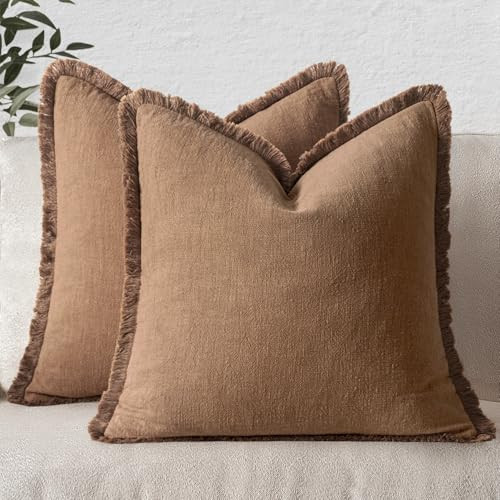 MIULEE Decorative Throw Pillow Covers Neutral Linen Fringe Throw Pillows Set of 2 Brown Boho Farmhouse Cushion Covers with Tassels for Couch Sofa Bed Living Room Spring Home Decor 16x16 Inch | Amazon (US)