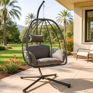 Egg Chair with Stand Outdoor Gray Wicker Patio Swings with Thickened Gray Cushion | The Home Depot
