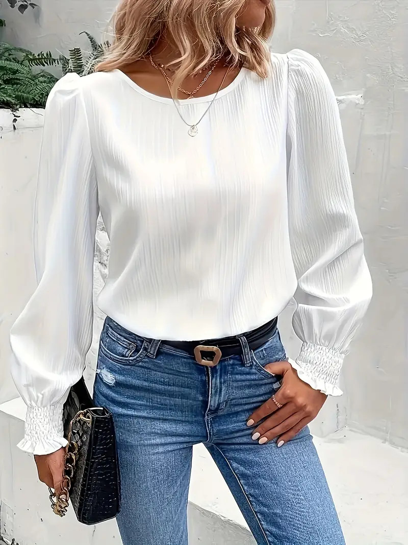Solid Textured Crew Neck Blouse Vintage Puff Sleeve Blouse - Temu | Temu Affiliate Program