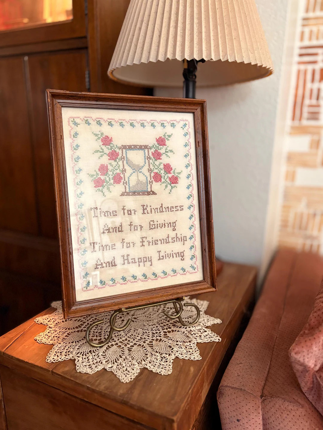 Vintage Cross Stitch Sampler, Hourglass Floral Motto, Cottagecore Needlework, Wood Frame | Etsy (US)