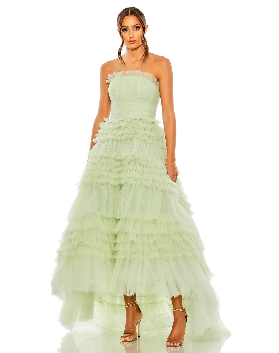 Strapless Tulle Ruffle Gown | Mac Duggal