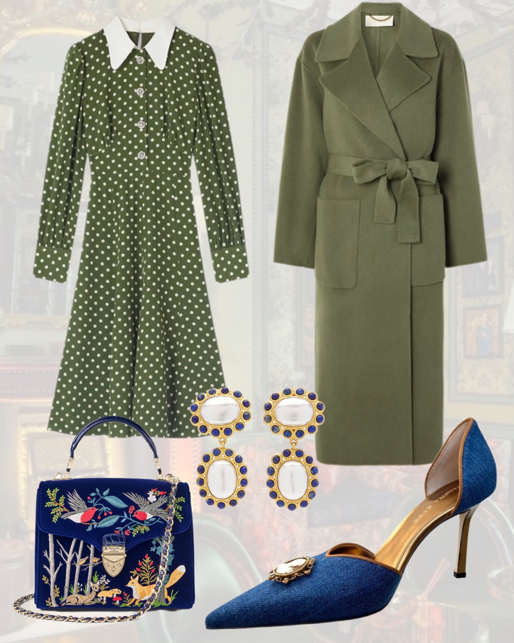 A sophisticated look in an olive green polka dot dress with a matching colour wool coat with deep blue accessories with Pearl, embroidered and baroque details. 

#LTKshoecrush #LTKSeasonal #LTKstyletip