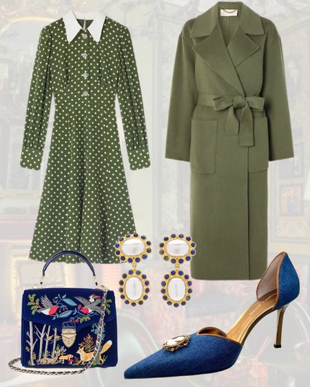 A sophisticated look in an olive green polka dot dress with a matching colour wool coat with deep blue accessories with Pearl, embroidered and baroque details. 

#LTKshoecrush #LTKSeasonal #LTKstyletip