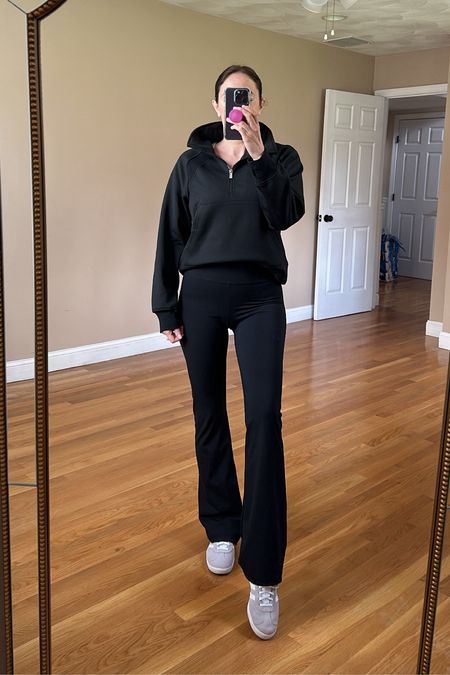 Sunday casual leggings outfit -

Quarter zip pullover is from Amazon! So good, I have 5 of them

Flare leggings (yoga pants) - the most flattering and comfortable! True to size 

Sneakers - size down 1 full size!