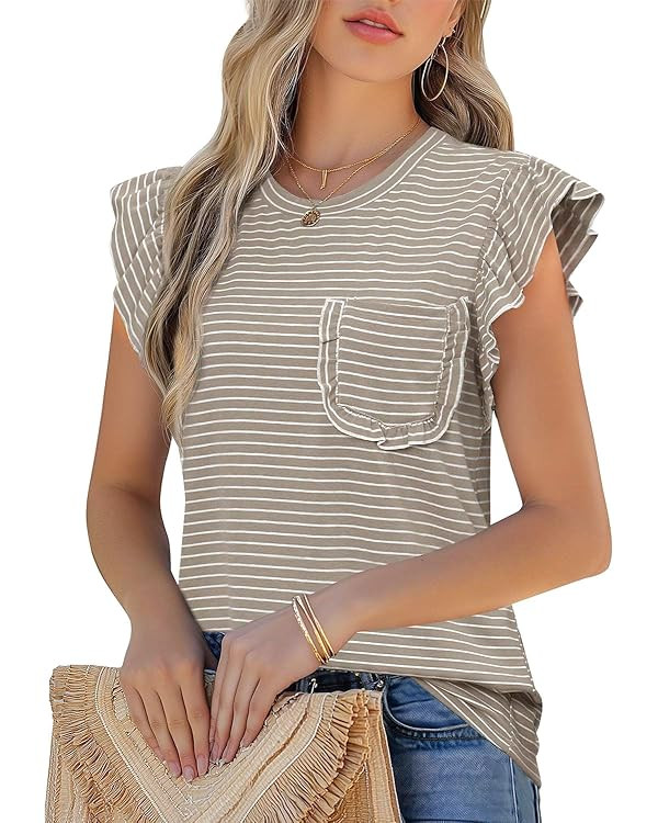 JUSTFASHIONNOW Womens Summer Tops Striped T-Shirts 2025 Ruffle Short Sleeve Crew Neck Casual Blou... | Amazon (US)