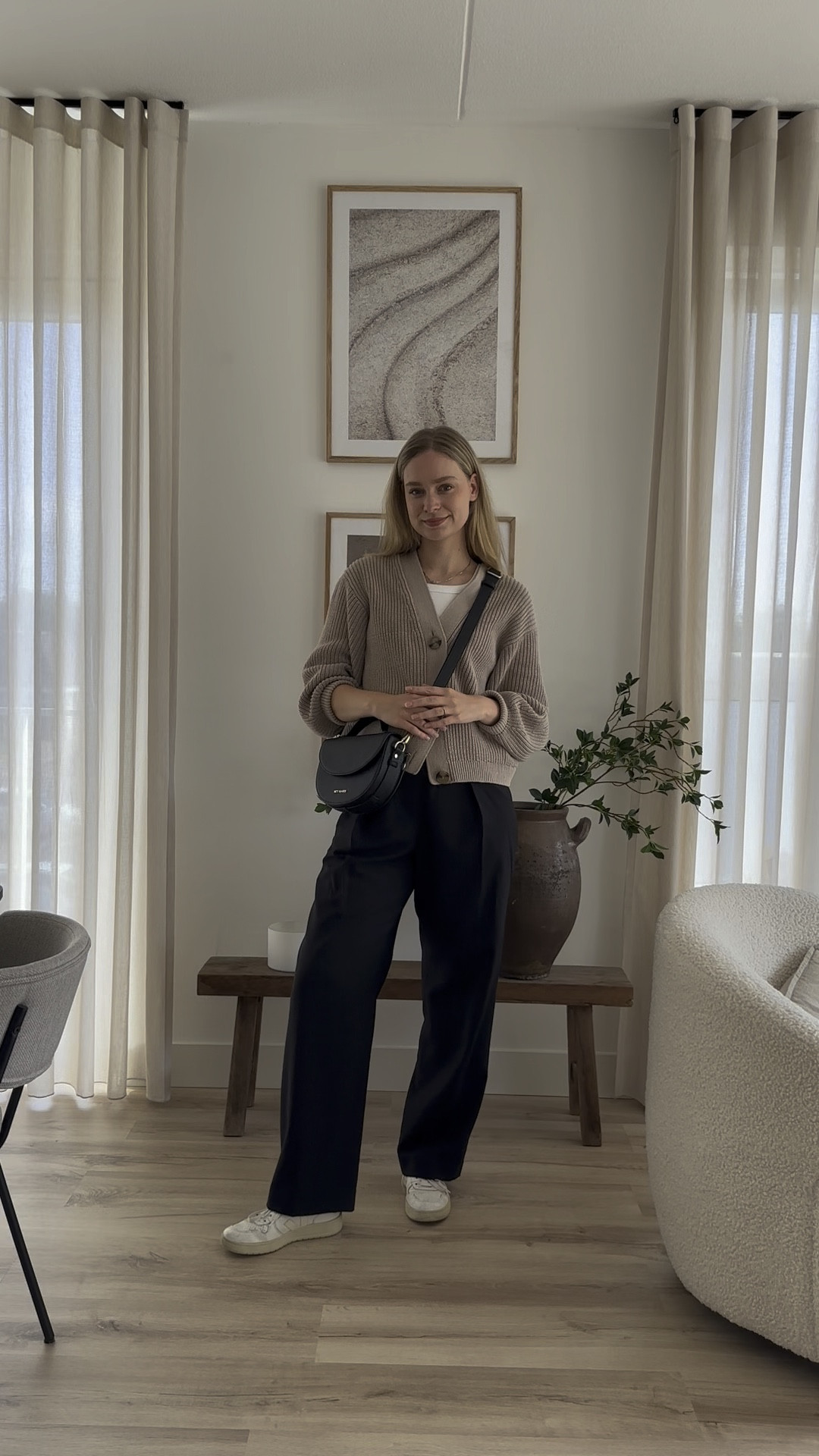 Outfit of the day 🫶🏼 Beige cardigan, white Arket shirt, black wool trousers, white Veja sneakers, black round moon bag 💼 

#LTKSeasonal #LTKeurope #LTKstyletip