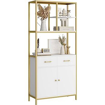 HITHOS 71" Tall Bookshelf, Modern White and Gold Bookcase, Book Shelves with Drawers and Storage ... | Amazon (US)