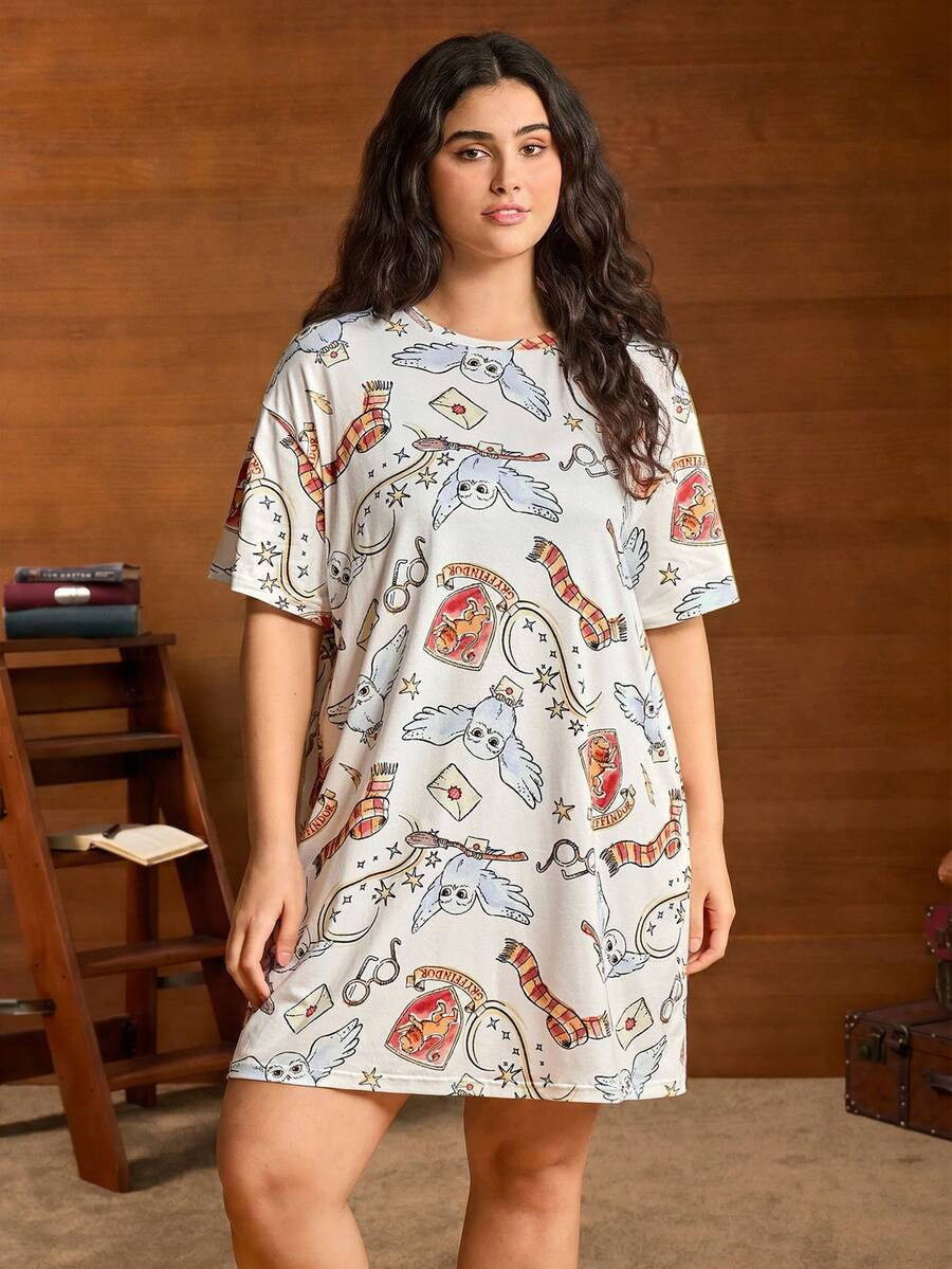 HARRY POTTER X SHEIN Plus Size Women's Loose Fit Floral Print Nightgown, Summer Plus Sleep Dress ... | SHEIN