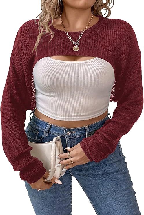 GORGLITTER Women's Plus Size Super Crop Sweater Bolero Shrug Long Sleeve Solid Knit Pullover Top | Amazon (US)