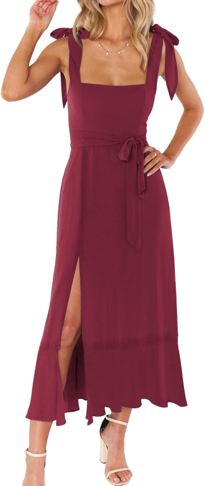 Women's Elegant Bridesmaid Dresses Square Neck Ruffle Split Midi Formal Dress for Wedding Guest C... | Amazon (US)