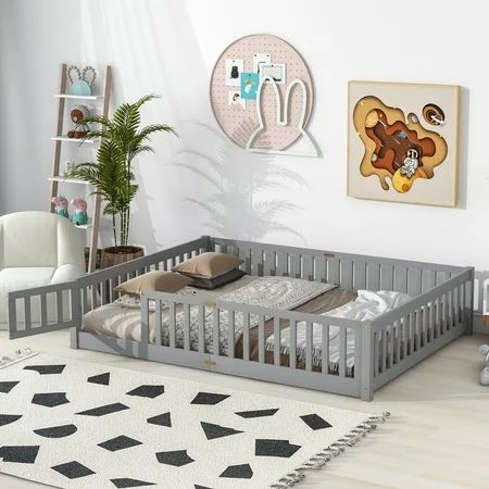 Queen Size Floor Bed with Fence for Kids Wood Montessori Toddler Bed Frame with Door and Slats Suppo | Walmart (US)