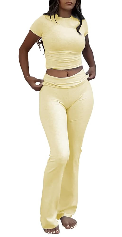 ZFLM Casual Workout Two Piece Outfits for Women Short Sleeve Crop High Waist Foldover Flare Pants... | Amazon (US)