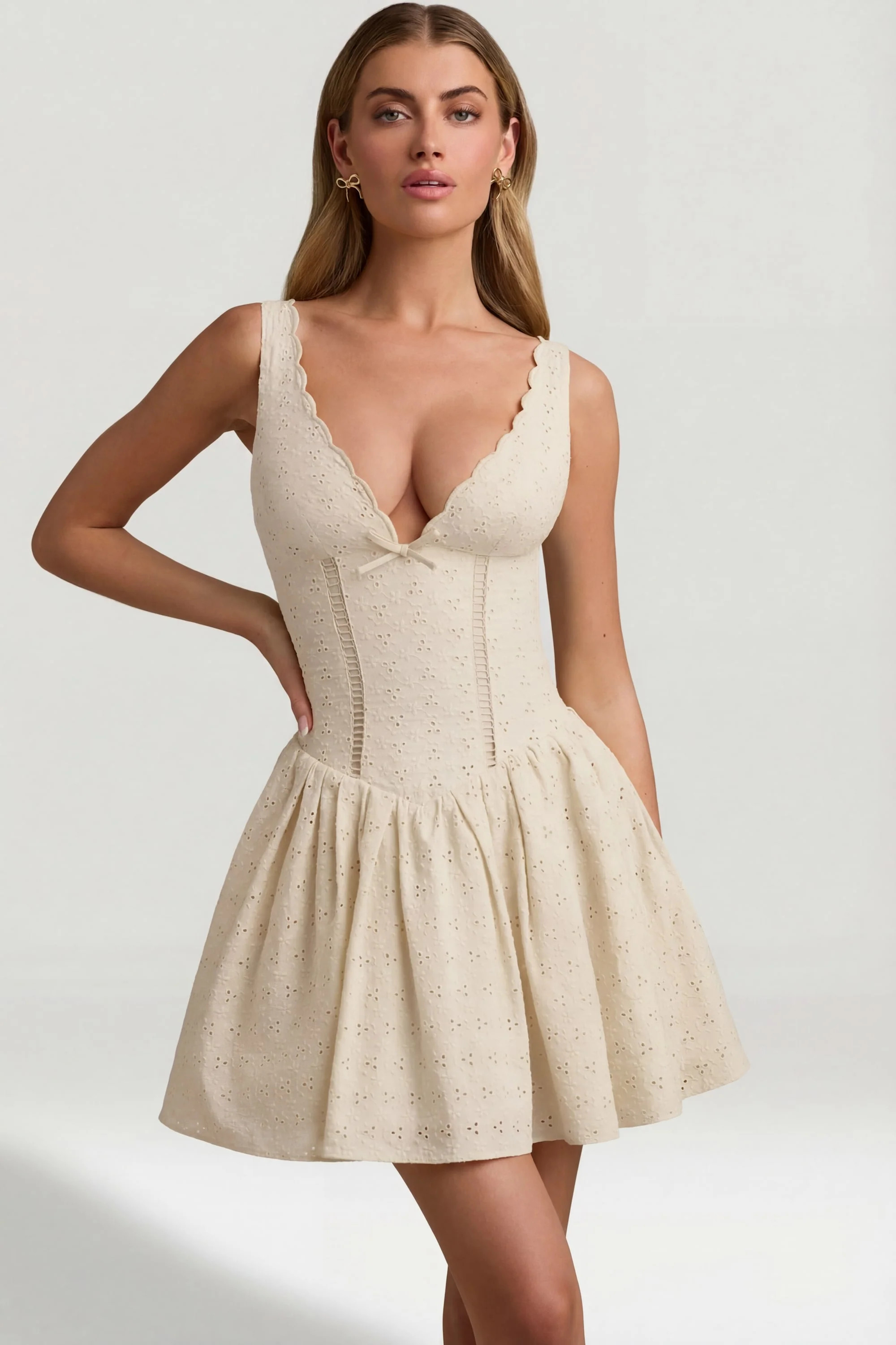 Broderie Anglaise Bow-Detail A-Line Mini Dress in Ivory | Oh Polly