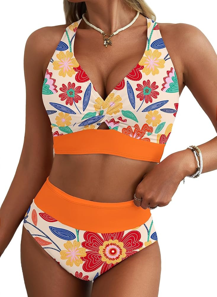 Herseas Women's 2 Piece Bikini Sets Twist Front Top Lily Print Swimsuits High Waisted Bathing Sui... | Amazon (US)