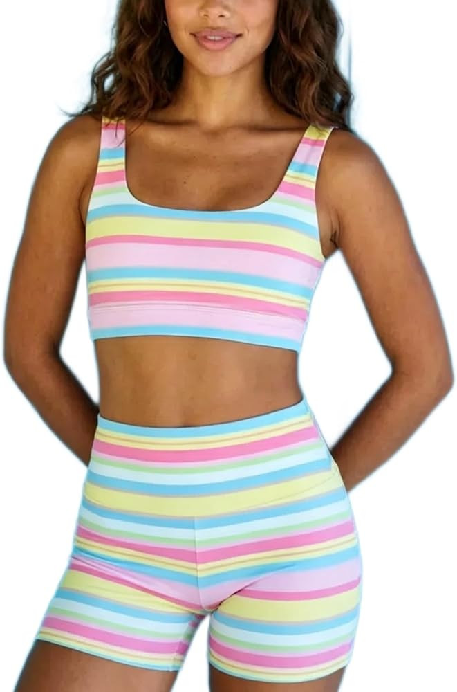 Women's Y2K Colorblock Striped 2 Piece Set Ultra Crop Top High Waisted Bodycon Shorts Going Out S... | Amazon (US)