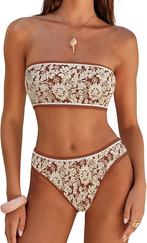 ZAFUL Bikini Set for Women Strapless Textured Bandeau Bikini Two Piece Swimsuit Lace up Bathing S... | Amazon (US)