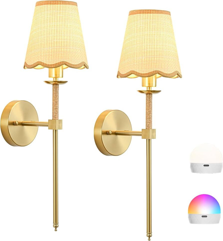 KernLite Boho Battery Operated Wall Sconce Set of 2, Gold Wireless Rechargeable Wall Lights with ... | Amazon (US)