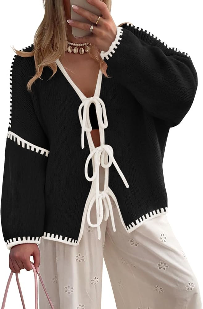 ZESICA Crdigans for Women Trendy 2026 Tie Front Bow Sweaters Casual Long Sleeve Winter Clothing C... | Amazon (US)