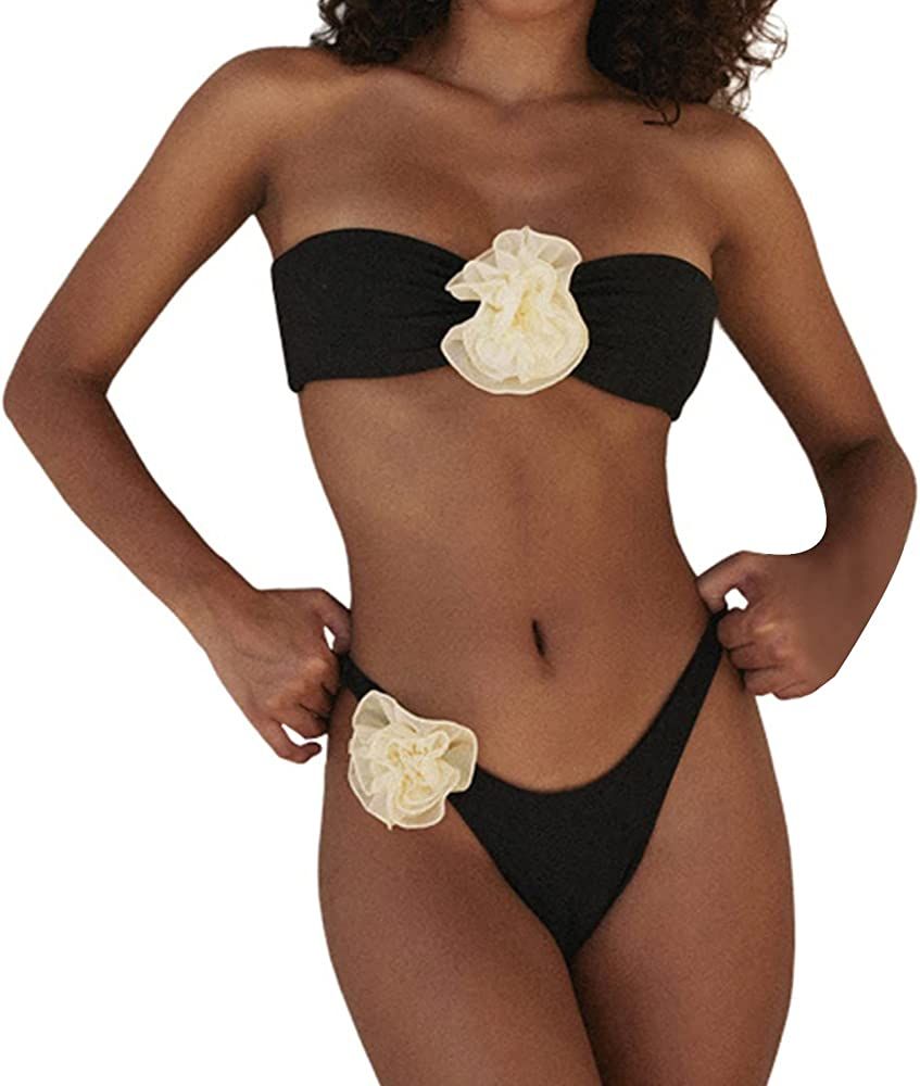 Women Floral Appliques Sexy Bikini Summer Tankini Beach Bodycon Beachwear Bandeau Black Swimsuit ... | Amazon (US)