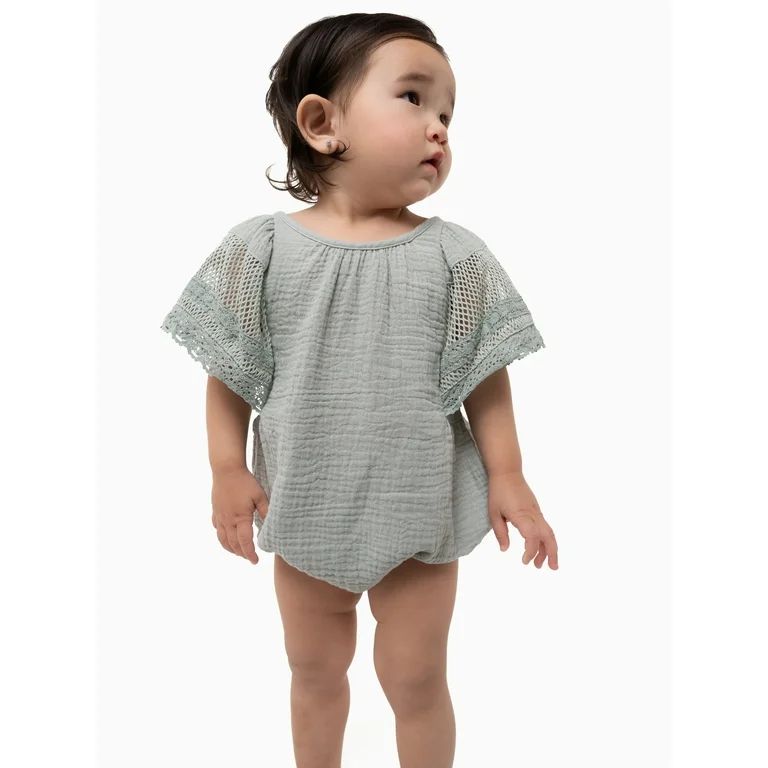 Modern Moments By Gerber Baby Girl Cotton Romper with Lace Sleeves, Sizes 0/3 Months - 24 Months | Walmart (US)