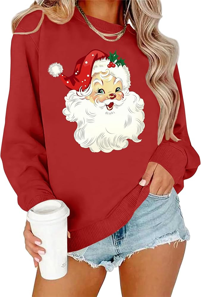Christmas Sweatshirts for Women Retro Santa Claus Graphic Long Sleeve Shirt Xmas Pullover Tops | Amazon (US)