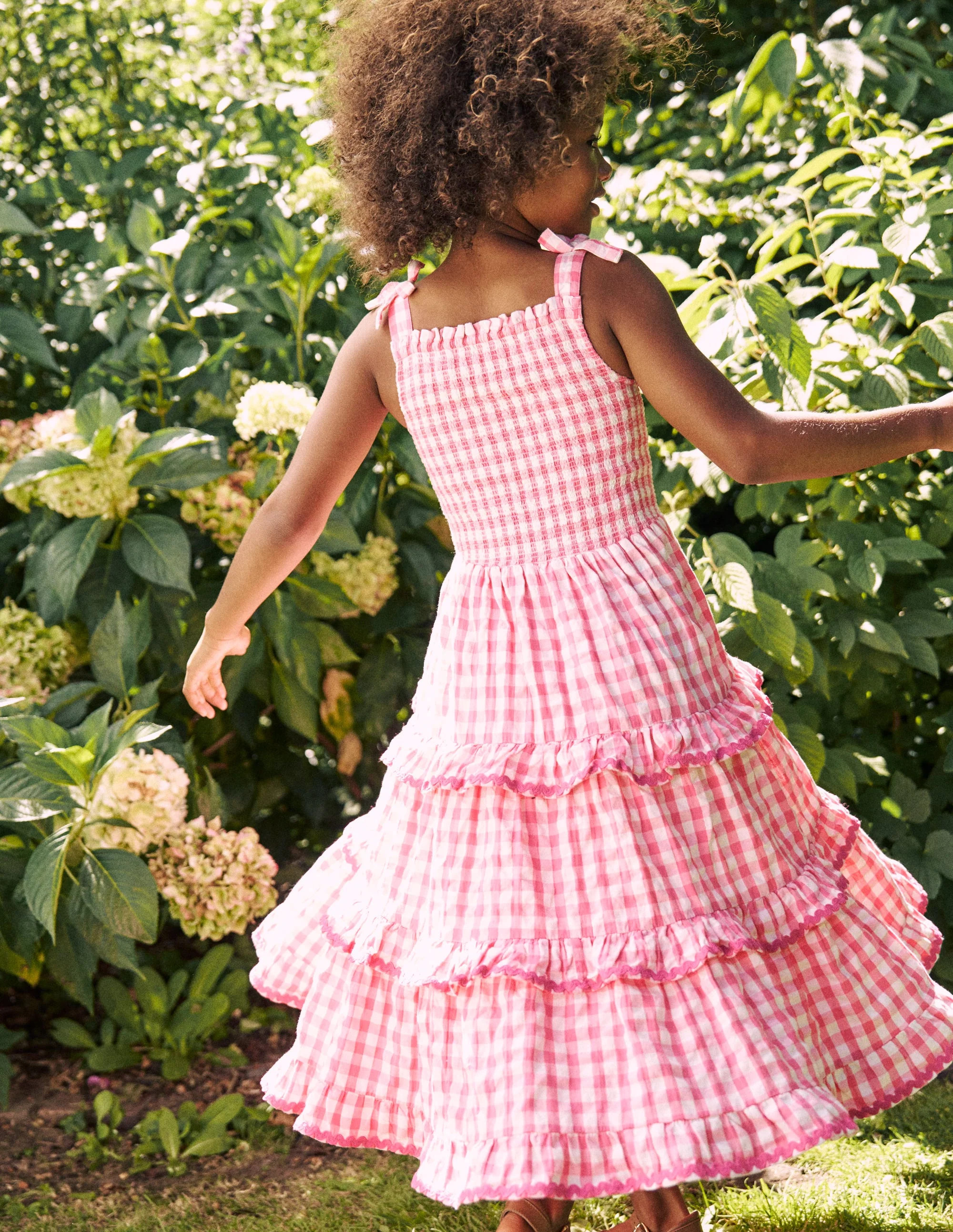 Odette Tiered Woven Sundress-Pink Gingham Daisies | Boden (US)