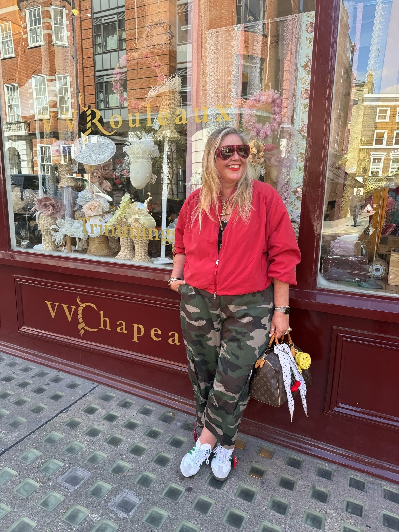 Red jacket, camo trousers, trainers, sunglasses, camisole, tote bag

#LTKspring #LTKplussize #LTKsummer