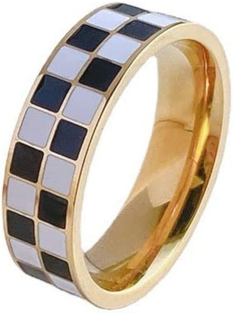 Checkerboard Bands Statement Finger Ring 14K Gold Black White Titanium steel Ring Size 5-10 | Amazon (US)