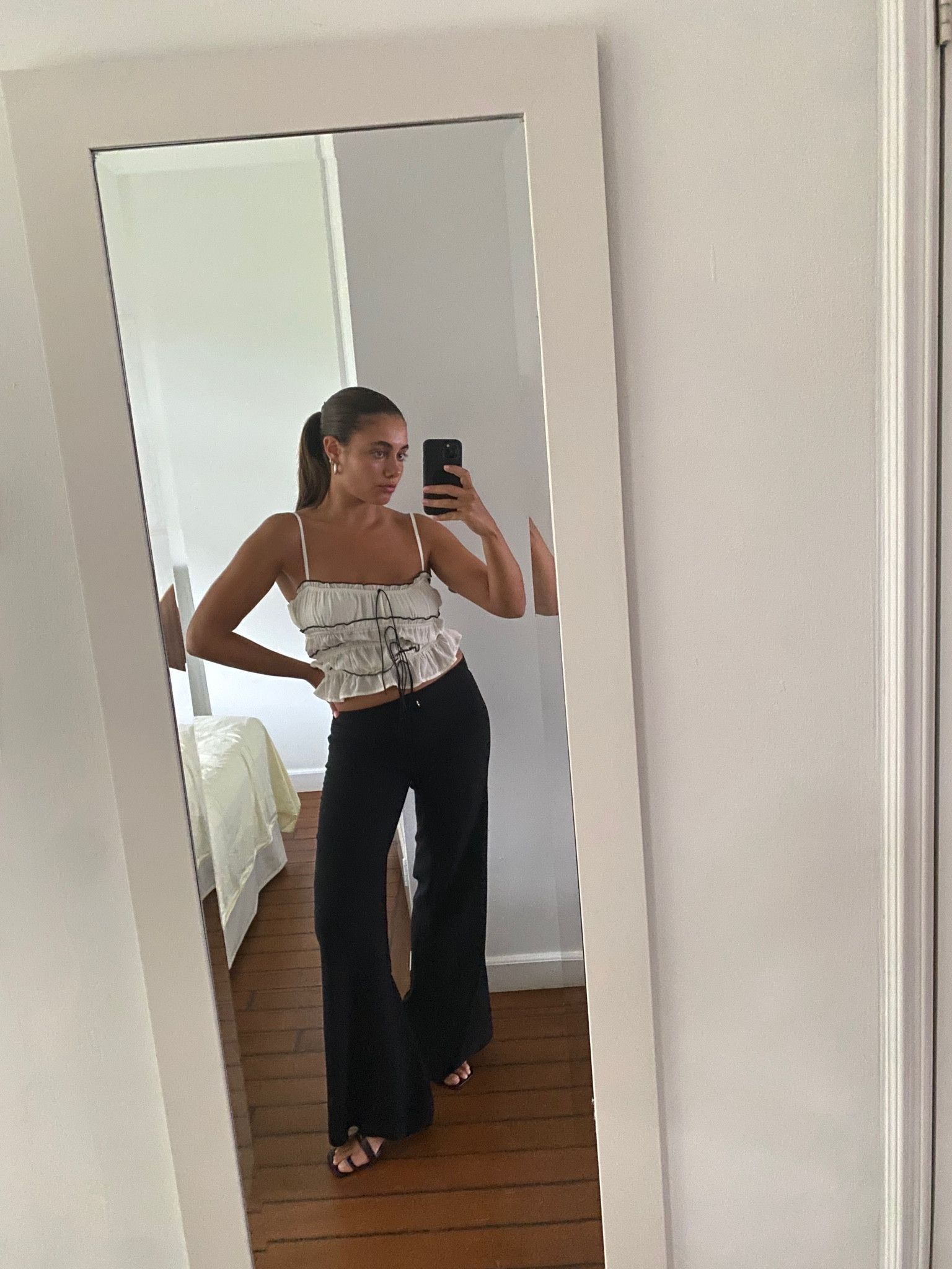 outfit inspiration, summer outfit, asos design ruched linen bandeau in white, ASOS,  Parts of Four Sterling silver hoop earrings, Farfetch, black wool jersey trousers, Arket, ankle cuff heeled sandals, Mango, seersucker smock top, UO ruffle knit tank top, urban outfitters, Netherlands. 

#LTKSeasonal #LTKeurope #LTKstyletip