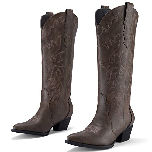 Rollda Cowboy Boots for Women Cowgirl Boots Embroidered Knee-High Western Boots Pointy Toe with Chunky Heel Dark Brown Size 9.5 | Amazon (US)