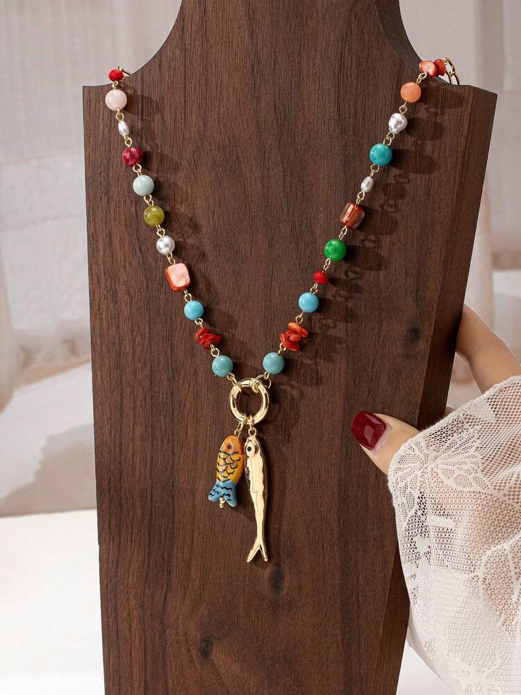 1pc Handmade Fish Charm Necklace, Summer Beach Style Shell & Faux Pearl Beaded Necklace For Women, Boho Jewelry Accessories (Color And Shape May Vary Randomly) | SHEIN US | SHEIN