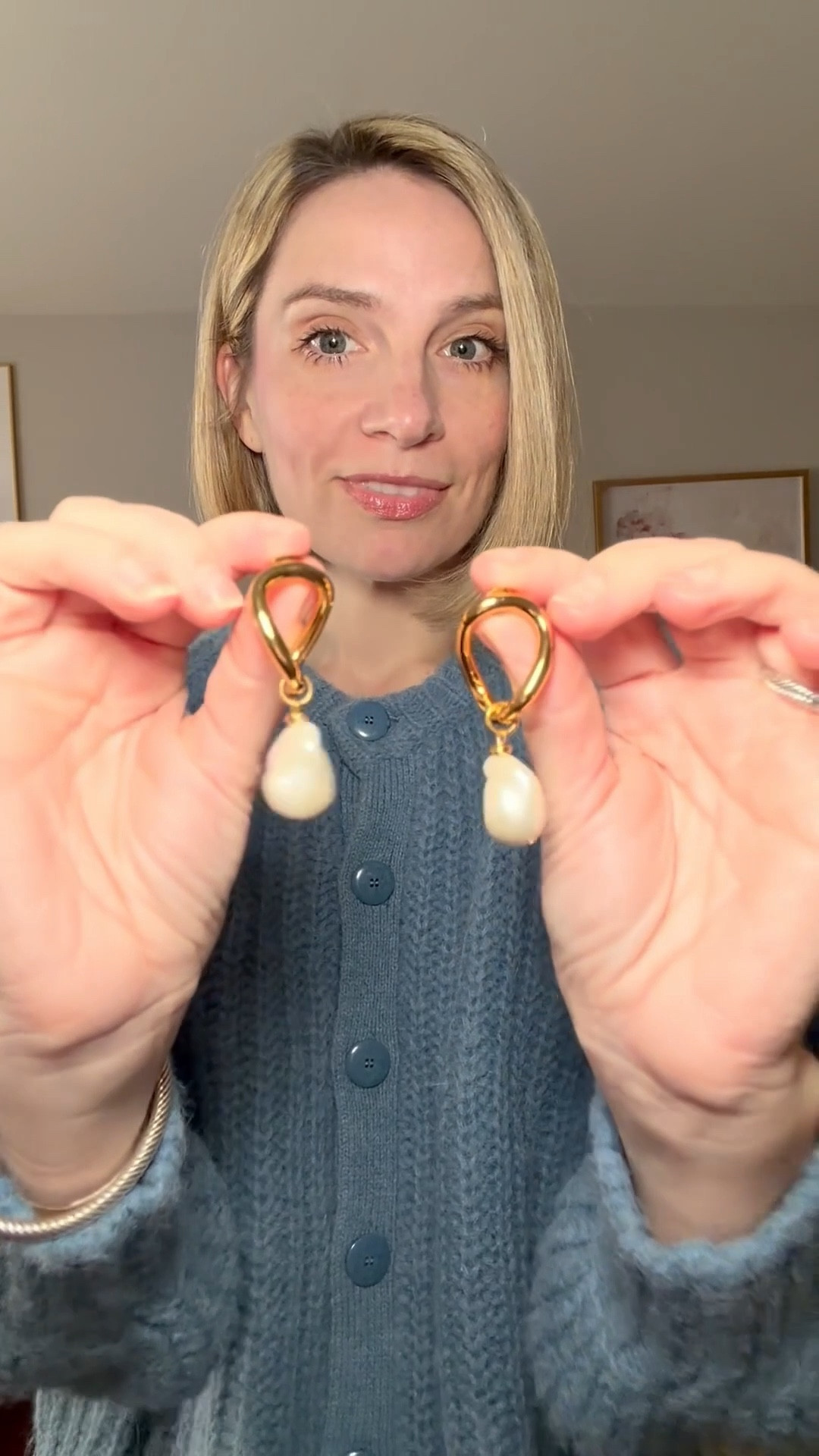 Gold sculpted hoop pearl earrings. Jewelry  

*same sweater but in a different blue (size small- runs big but I liked my normal size) 

#LTKWorkwear #LTKWedding #LTKOver40