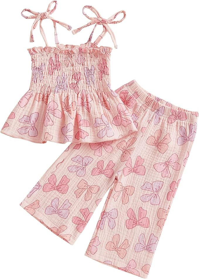 VISGOGO Toddler Baby Girl Outfits Sleeveless Smocked Strap Camisole Linen Pants Bow Baby Summer C... | Amazon (US)
