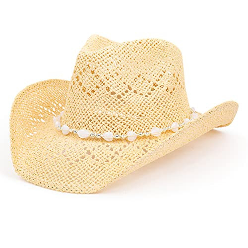TOVOSO Western Cowgirl, Straw Cowboy Hat for Women with Shapeable Brim, Beaded Hearts Trim, Beige | Amazon (US)