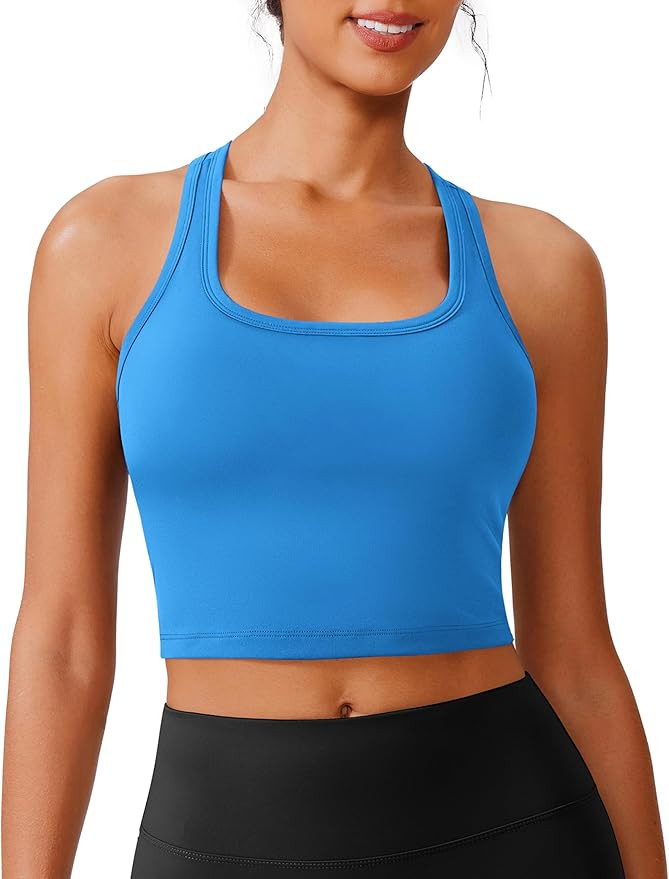 PINSPARK Racerback Crop Tank Tops for Women Longline Padded Sports Bra Scoop Neck Workout Yoga To... | Amazon (US)
