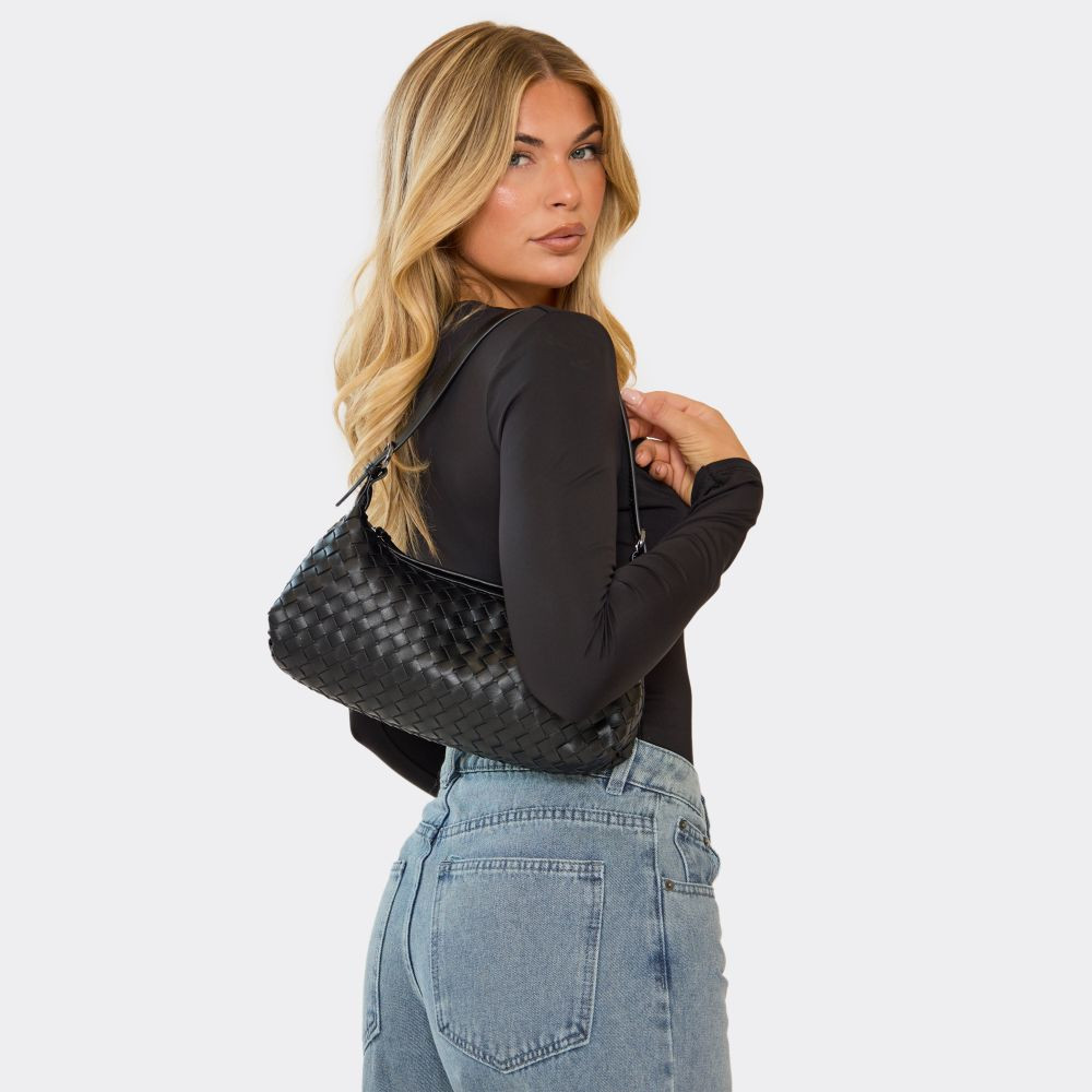 Snow Woven Detail Shaped Shoulder Bag In Black Faux Leather | EGO (UK)