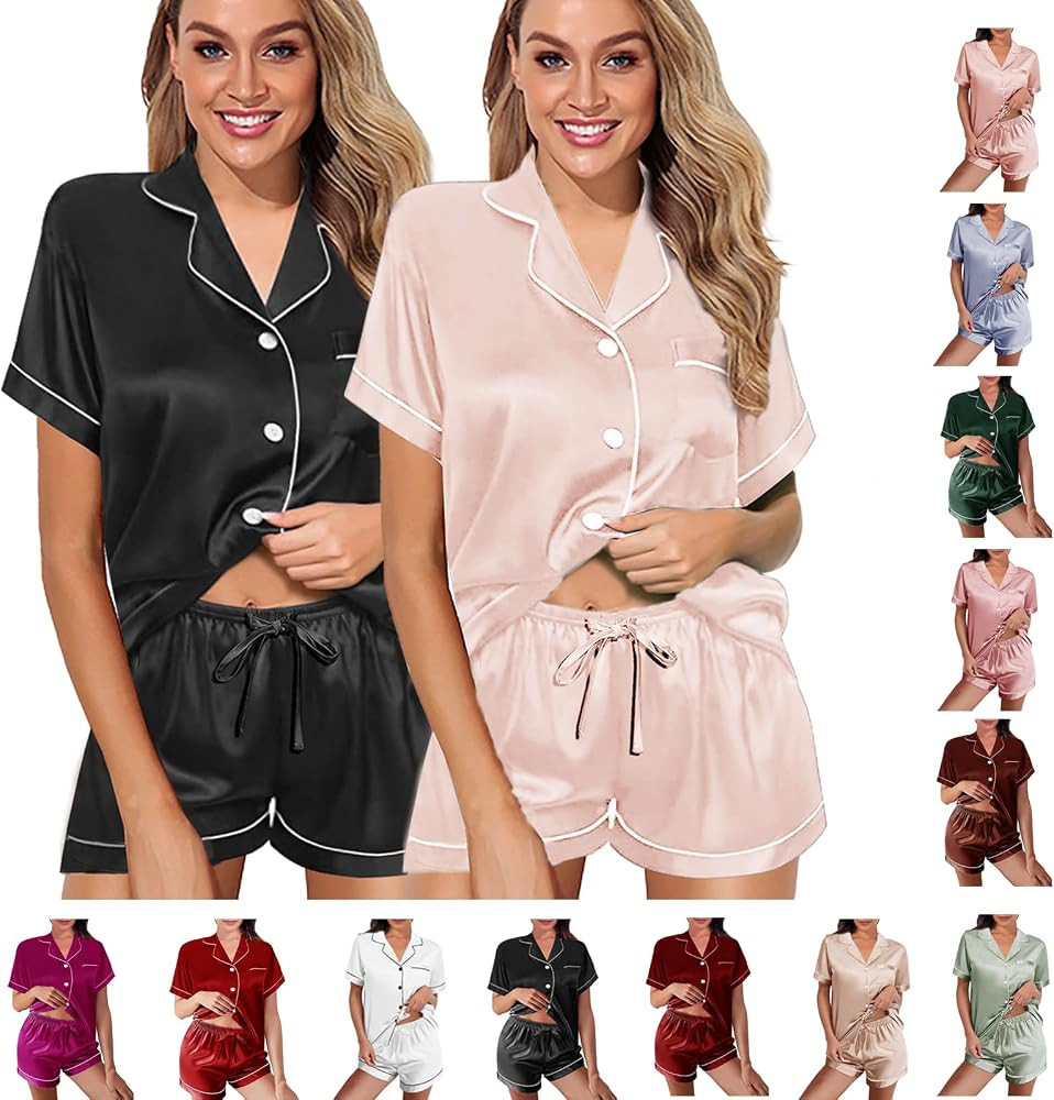 2 Pack: Silk Pajamas XS-2XL Womens Satin Pajama Set Bride Soft Pj Lounge Sets Pjs Shorts Set Shor... | Amazon (US)