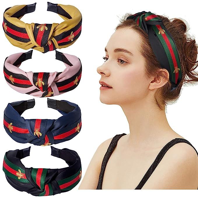 Cute Knot Headbands for Women - 4 Pack Hair Hoops Wide Stripe Headband with Bee Animal, Cross Kno... | Amazon (US)