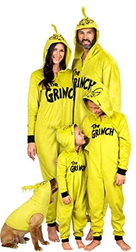 Prestigez Dr. Seuss Grinch Fleece Onesie Pajamas - Matching Family Adult Kids Hooded Costume, Green | Amazon (US)