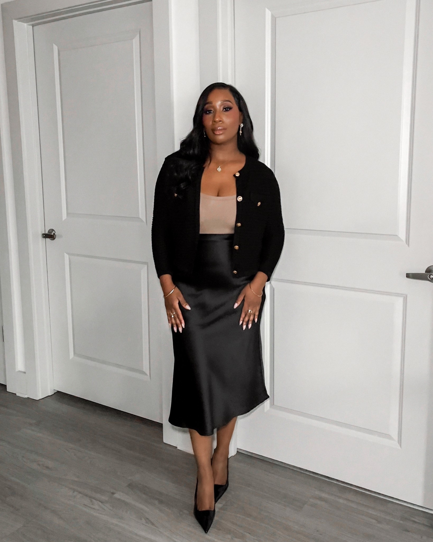 Satin skirt workwear look! 🖤 Wearing a small in all pieces. 

Amazon, style inspo, style ootd, outfit inspo 

#LTKWorkwear #LTKdayinmylife #LTKootd