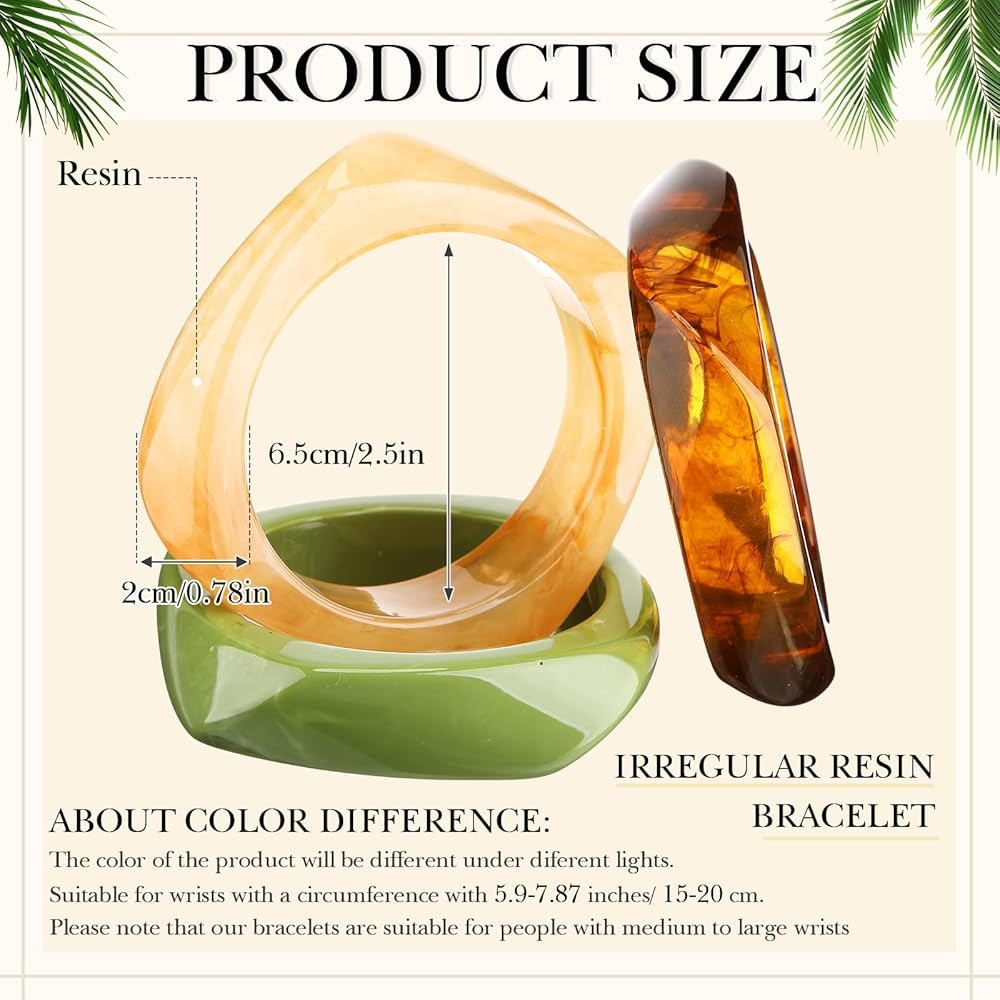 3 Pcs Colorful Square Acrylic Resin Bangle Bracelet Wide Geometric Irregular Wristbands Women | Amazon (US)