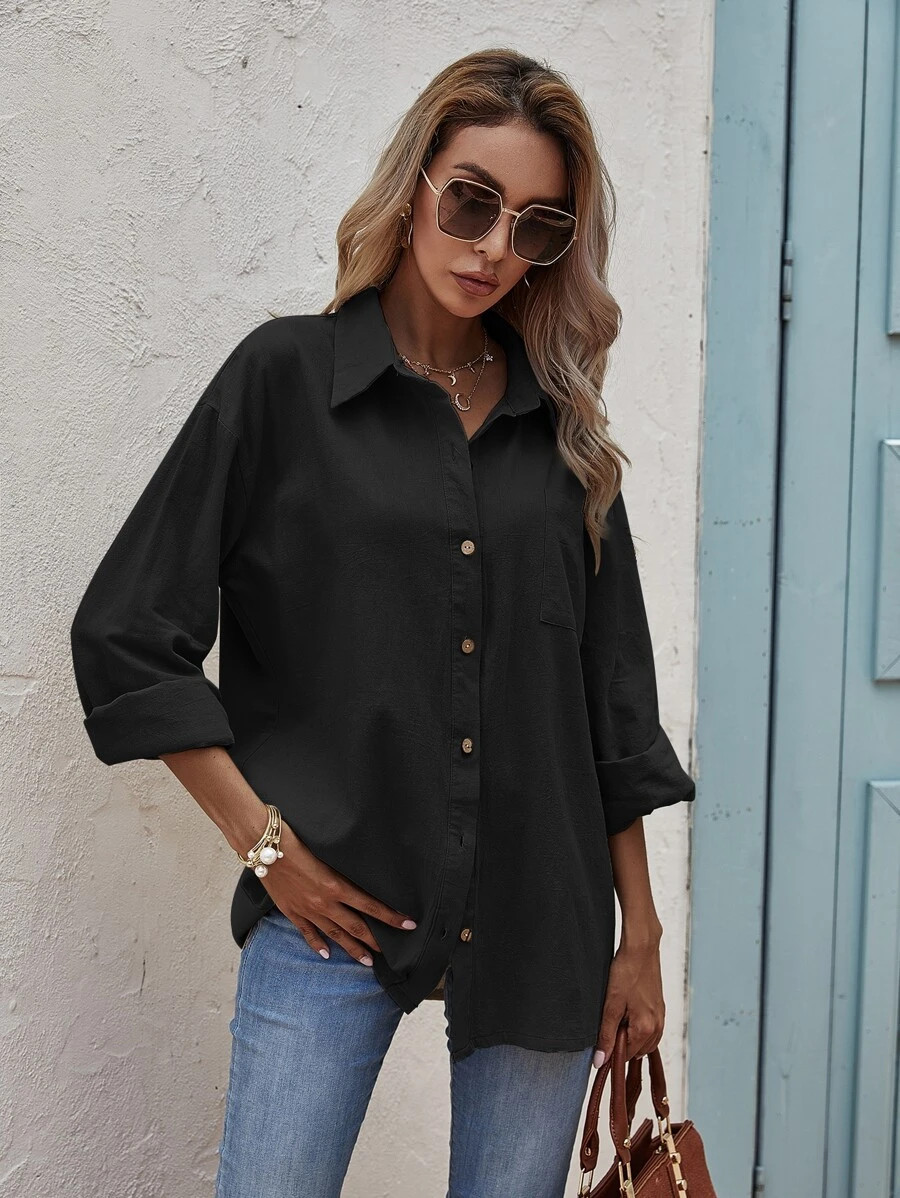 Solid Pocket Front Button Up Blouse | SHEIN