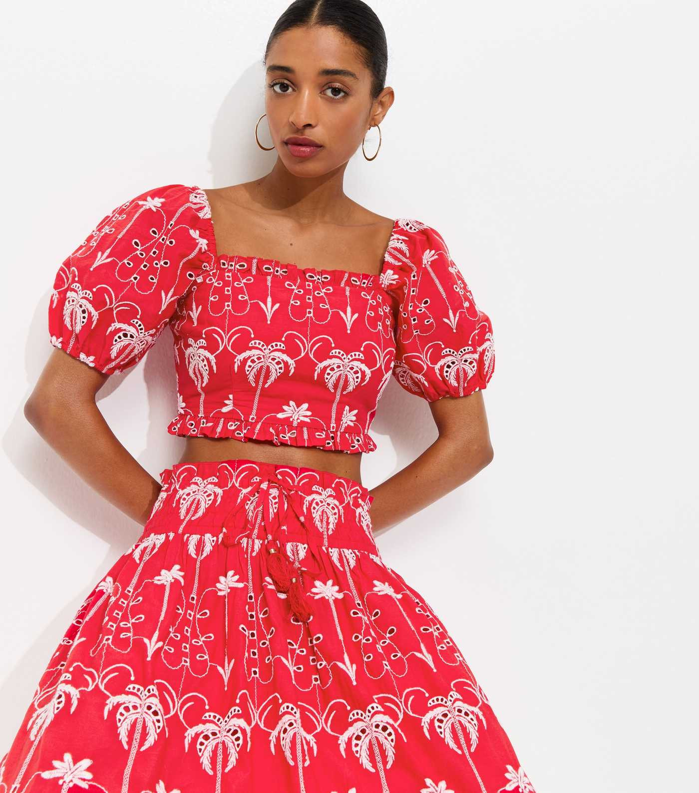 Red Cotton Broderie Palm Tree Crop Top | New Look | New Look (UK)