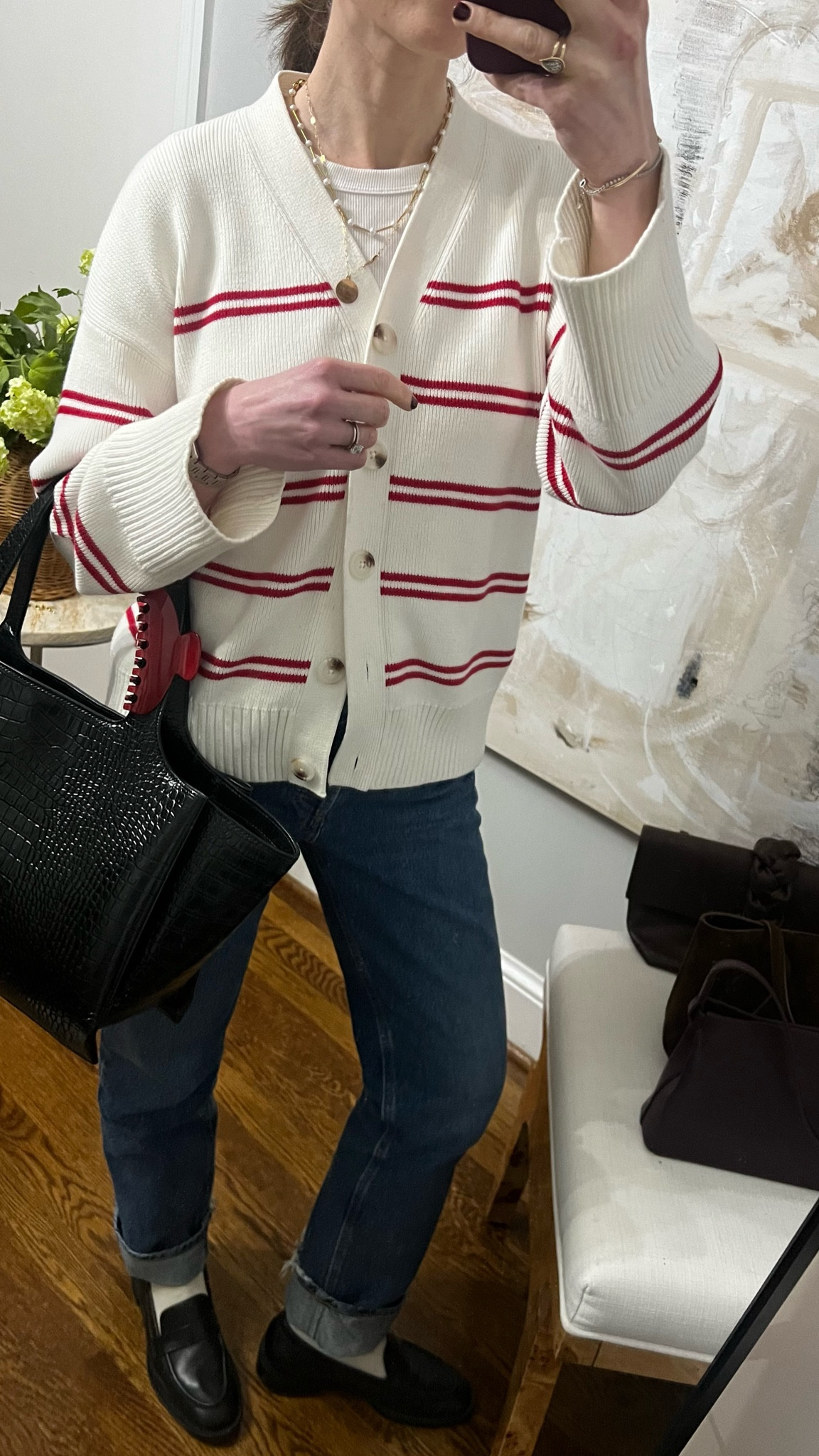 Lake red striped cardigan 
Agolde Lana jeans
Stuart weitzman black loafers
EmiJay red clip 

Casual style
Fall outfit inspo
Loafer outfit 

#LTKstyletip #LTKshoecrush