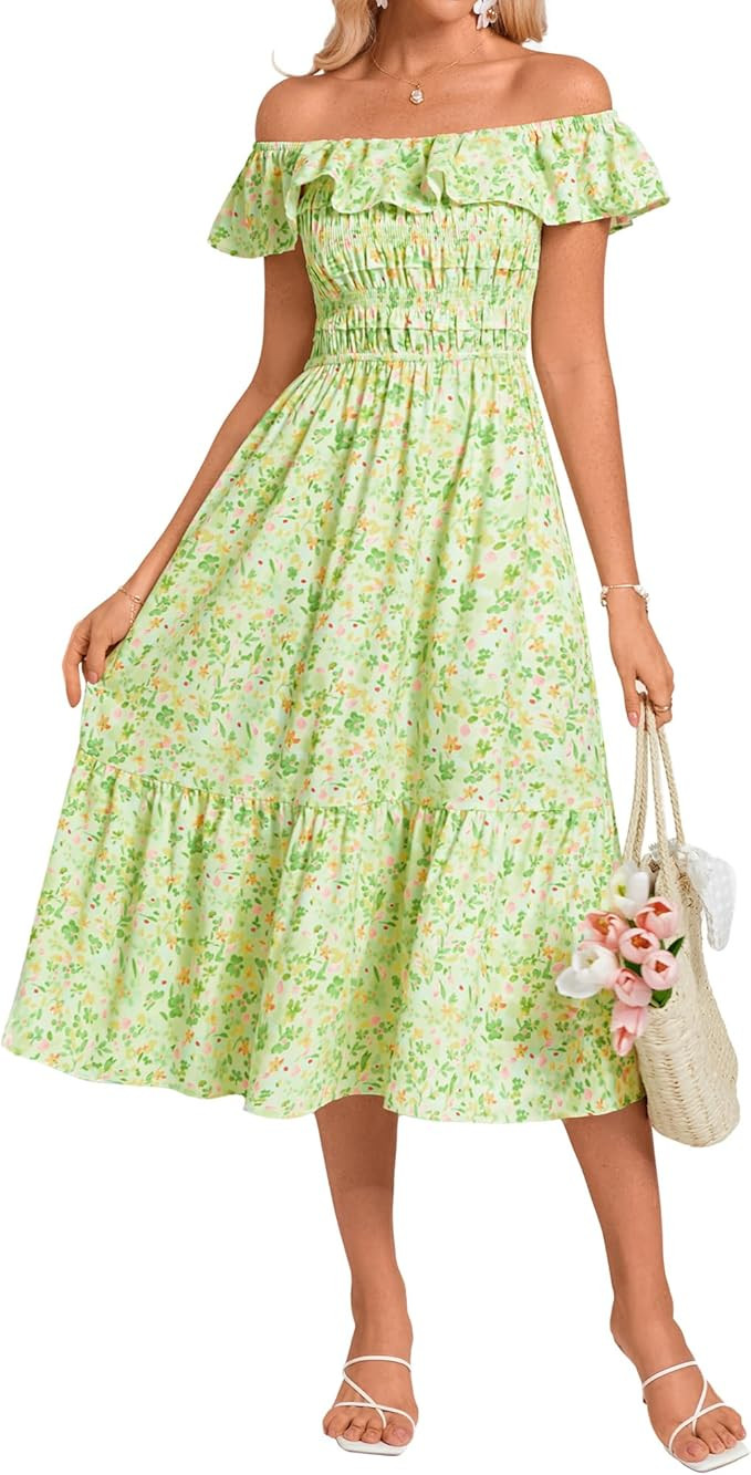 GRACE KARIN Women's Off Shoulder Floral Summer Ruffle Midi Sleeveless Boho Smocked Flowy Aline Dr... | Amazon (US)